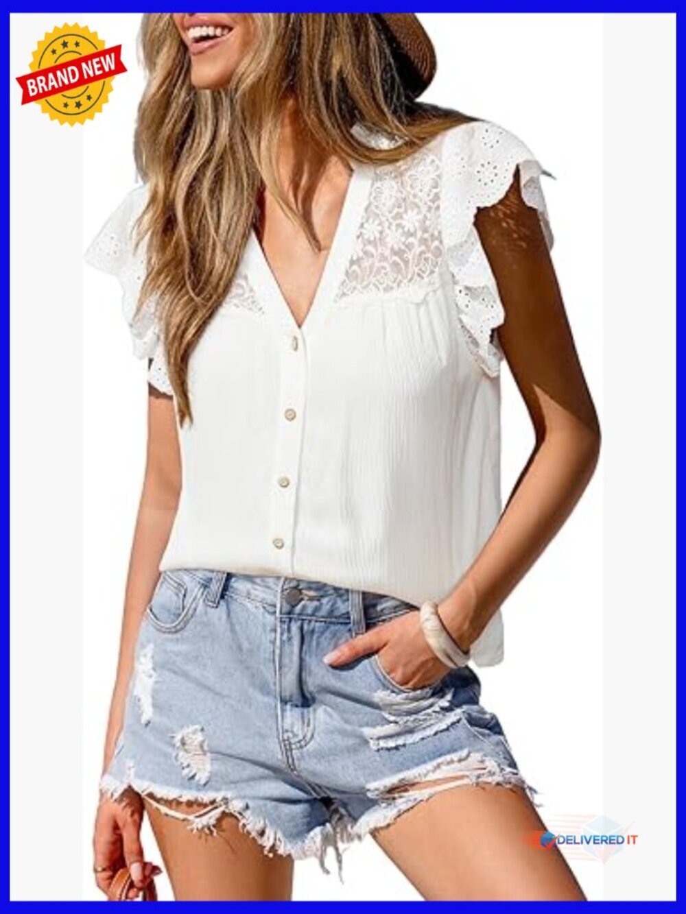 Lace Ruffle Sleeve V-Neck Blouse Button Down Crochet Top Spring Summer
